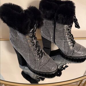 Cato Women's Black and Gray Heeled Boots with Fur Trim